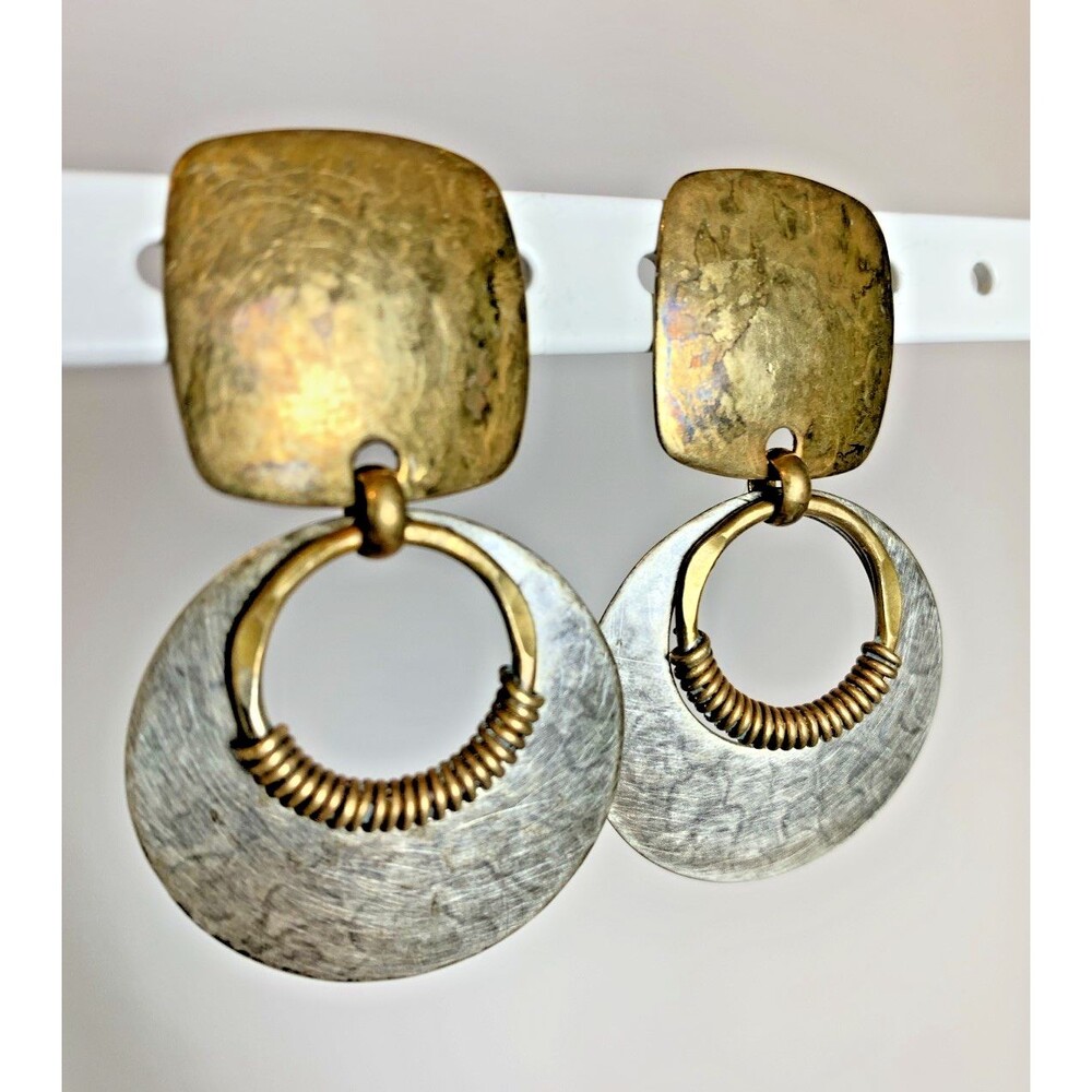 Vintage Marjorie Baer SF Mixed Metal Clip On Earrings Brutalist Modernist